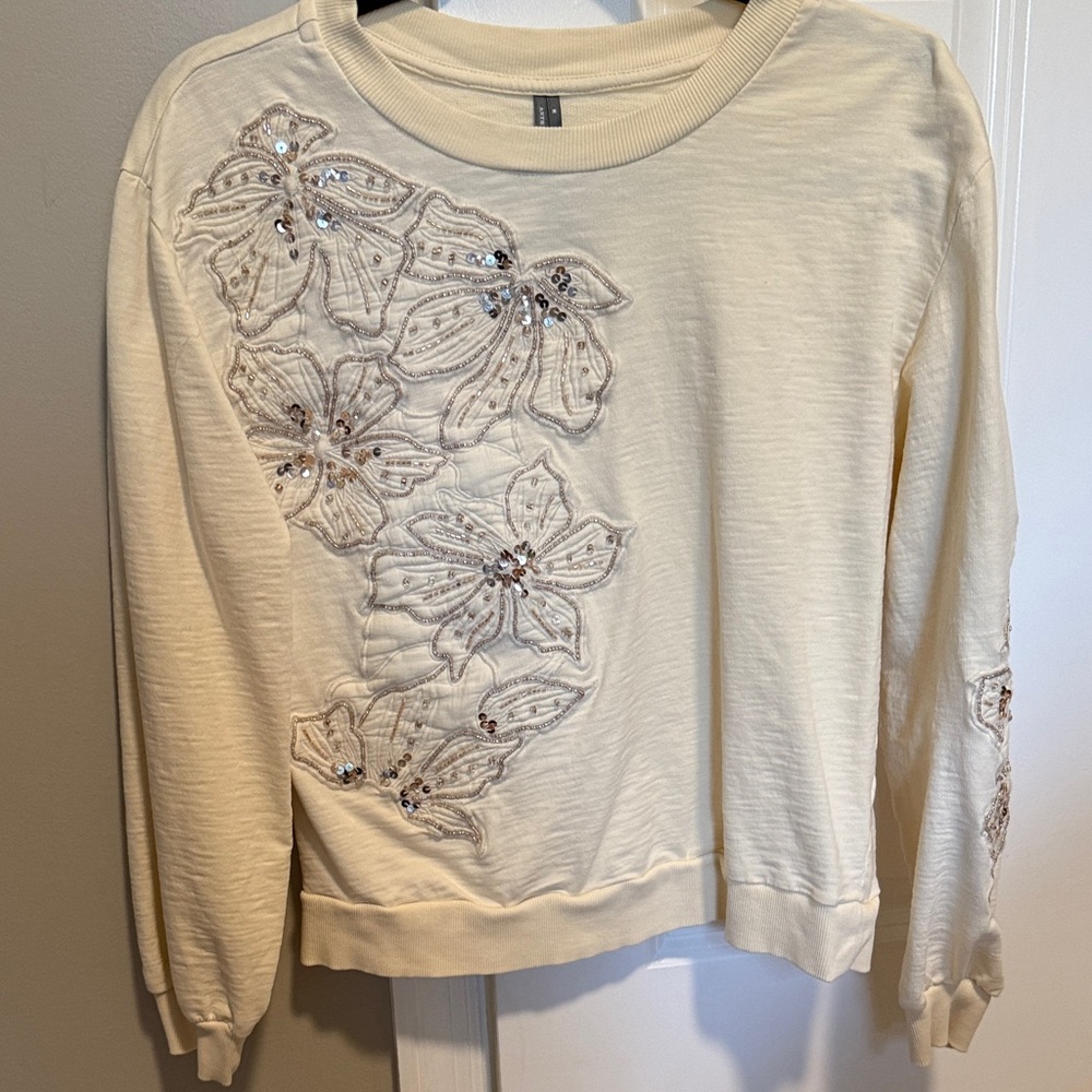 Anthropologie Cream Floral Embellished Sweatshirt